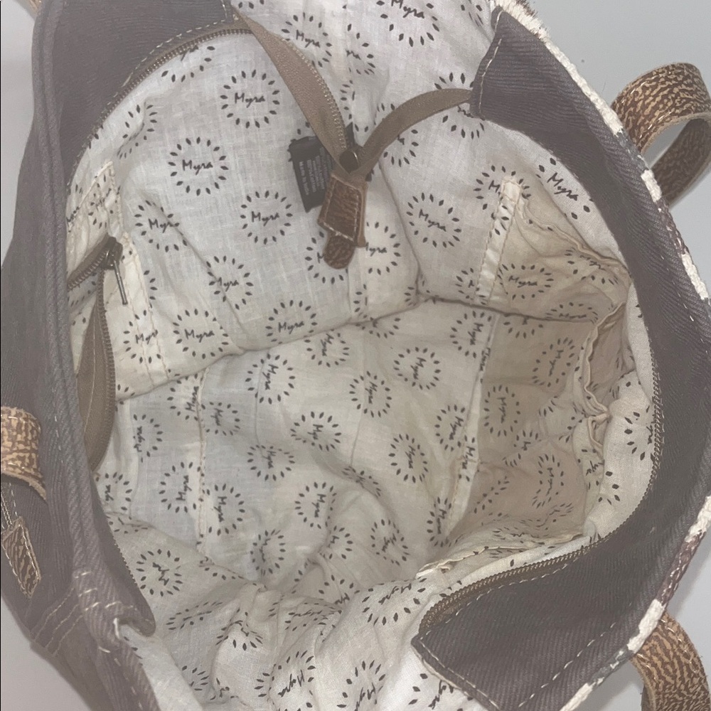 Myra Bag Geometric Brown / Cream w/ leather accents Large Tote - Picture 9 of 12